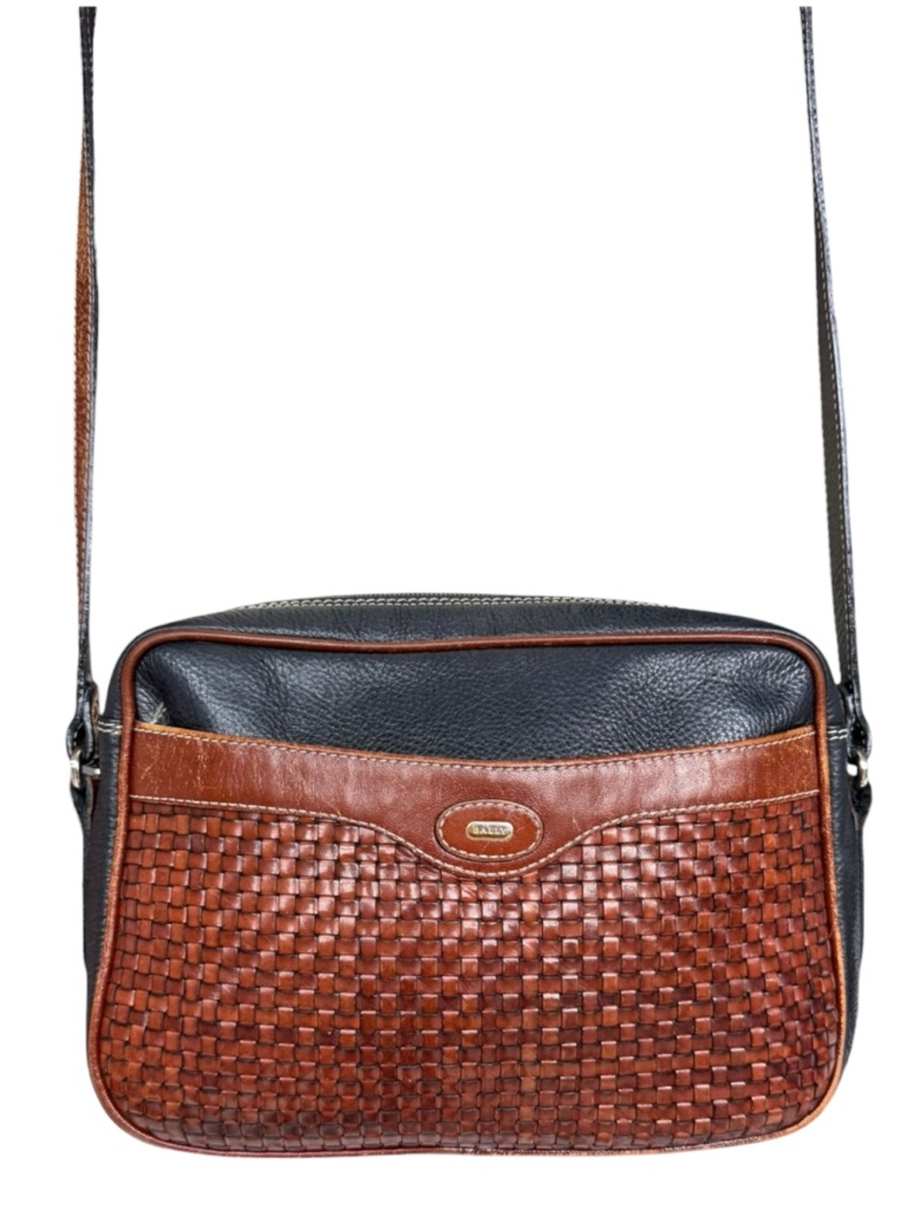 Vintage Bally Woven Leather Crossbody Bag Brown Black, Classic Luxury Minimalist